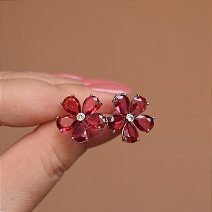 Brinco flor cristais pink ródio semijoia 14a04005