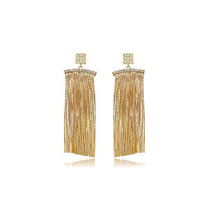 Brinco franja zircônia cristal ouro semijoia 23k08009