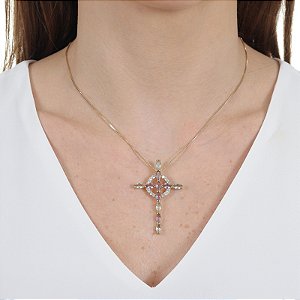 Colar crucifixo Espírito Santo zircônia colorida ouro semijoia HY 430