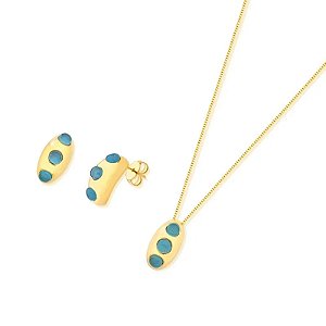 Colar e brinco curvado pedra natural ágata azul céu ouro semijoia