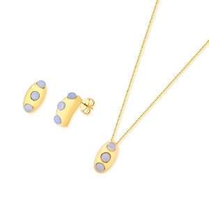 Colar e brinco curvado pedra natural opalina ouro semijoia