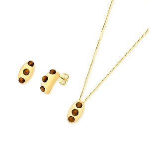 Colar e brinco curvado pedra natural olho de tigre ouro semijoia