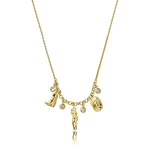 Colar penduricalhos chapéu cowgirl bota cristais ouro semijoia