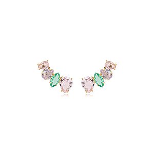 Brinco ear cuff cristais coloridos ouro semijoia