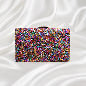Bolsa Clutch de Festa com Pedrarias Coloridas e Alça Dourada
