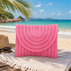 Bolsa Carteira Palha Rosa com Alça Removível