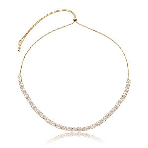 Colar choker gravatinha zircônia cristal oval ouro semijoia JL-1904110