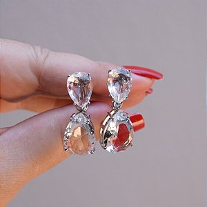 Brinco pressão gota cristal ródio semijoia