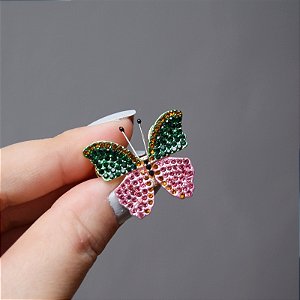 Broche magnético mini borboleta cristais verde e rosa