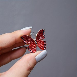 Broche magnético mini borboleta cristais vermelho