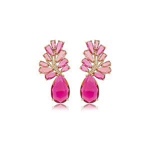 Brinco gota zircônia rosa ouro semijoia E220435
