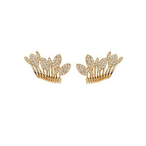 Brinco ear hook folhas zircônia ouro semijoia E230709