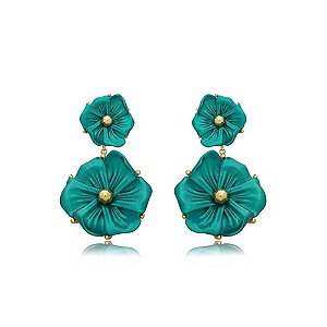 Brinco flores resina verde ouro semijoia