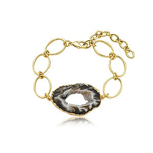 Pulseira elos pedra natural geodo ouro semijoia