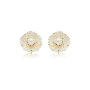 Brinco flor madrepérola zircônia ouro semijoia