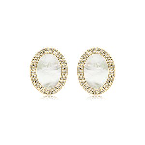 Brinco oval madrepérola zircônia ouro semijoia