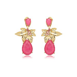 Brinco flor cristal fusion rosa ouro semijoia