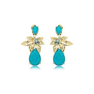 Brinco flor cristal fusion azul ouro semijoia