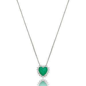 Colar coração zircônia esmeralda ródio semijoia 022705