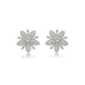 Brinco flor zircônia ródio semijoia 021873