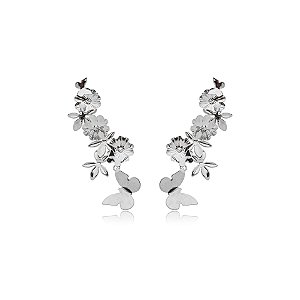 Brinco ear cuff flores borboletas ródio semijoia