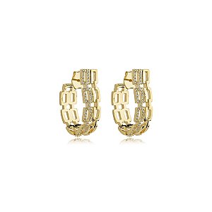 Brinco argola oval elos zircônia ouro semijoia