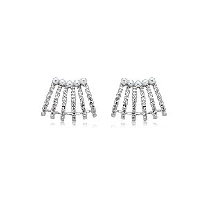 Brinco ear jacket aros pérola zircônia ródio semijoia 23A07005