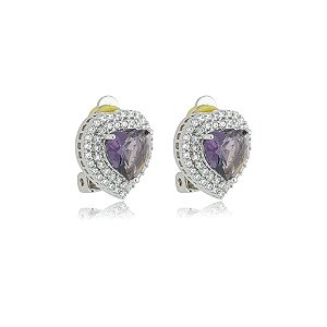 Brinco pressão coração zircônia roxo ródio semijoia 18272