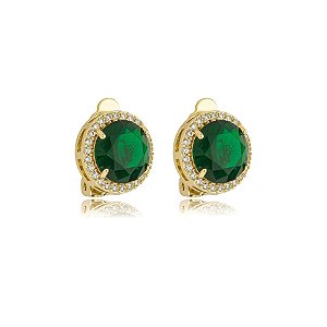 Brinco pressão redondo zircônia verde esmeralda ouro semijoia 18257