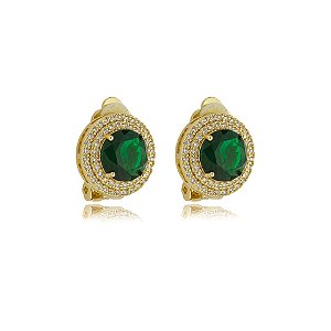 Brinco pressão redondo zircônia verde esmeralda ouro semijoia 18243