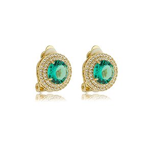 Brinco pressão redondo zircônia verde turmalina ouro semijoia 18243