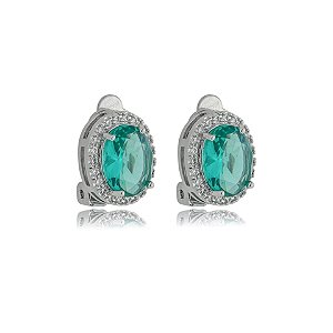 Brinco pressão oval zircônia verde turmalina ródio semijoia 18237