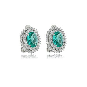 Brinco pressão oval zircônia verde turmalina ródio semijoia 18266