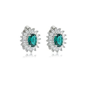Brinco pressão oval zircônia verde esmeralda ródio semijoia 18277