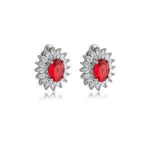 Brinco pressão oval zircônia vermelho ródio semijoia 18277