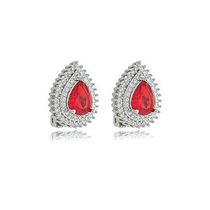 Brinco pressão gota zircônia vermelho ródio semijoia 18282