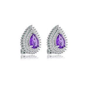Brinco pressão gota zircônia roxo ródio semijoia 18282