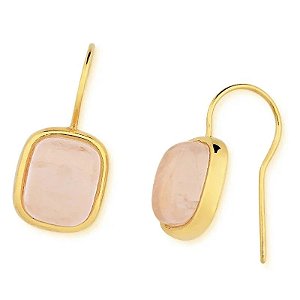 Brinco gancho retangular pedra natural quartzo rosa ouro semijoia
