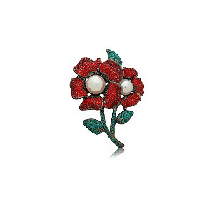 Broche flores cristais verde e vermelho pérola ródio negro semijoia
