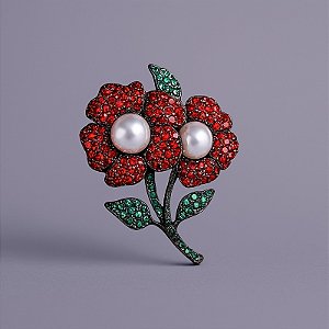 Broche flores cristais verde e vermelho pérola ródio negro semijoia