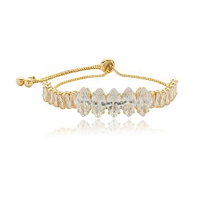 Pulseira gravatinha zircônias baguetes e navetes ouro semijoia PU 1031