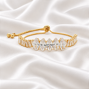 Pulseira Riviera Gravatinha Zircônias Baguetes e Navetes Ouro Semijoia PU 1031