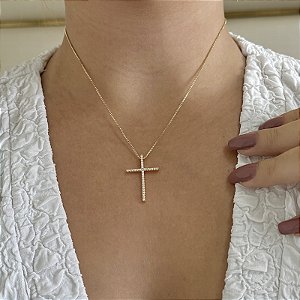 Colar crucifixo zircônia ouro semijoia 420450