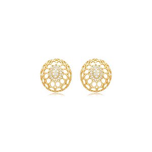 Brinco oval rendado zircônia ouro semijoia