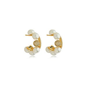 Brinco argolinha pérola shell zircônia ouro semijoia