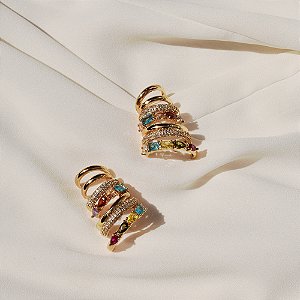 Brinco ear cuff aros zircônia colorida ouro semijoia HY 684