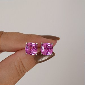 Brinco quadrado cristal pink prata 925