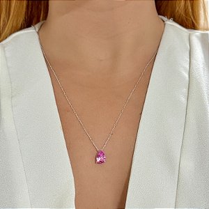 Colar gota cristal pink prata 925