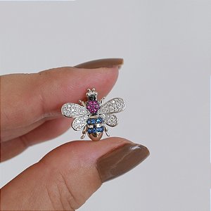Pingente charm abelha zircônia pink e azul prata 925