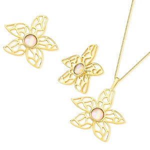 Colar e brinco flor pedra natural nautilus ouro semijoia